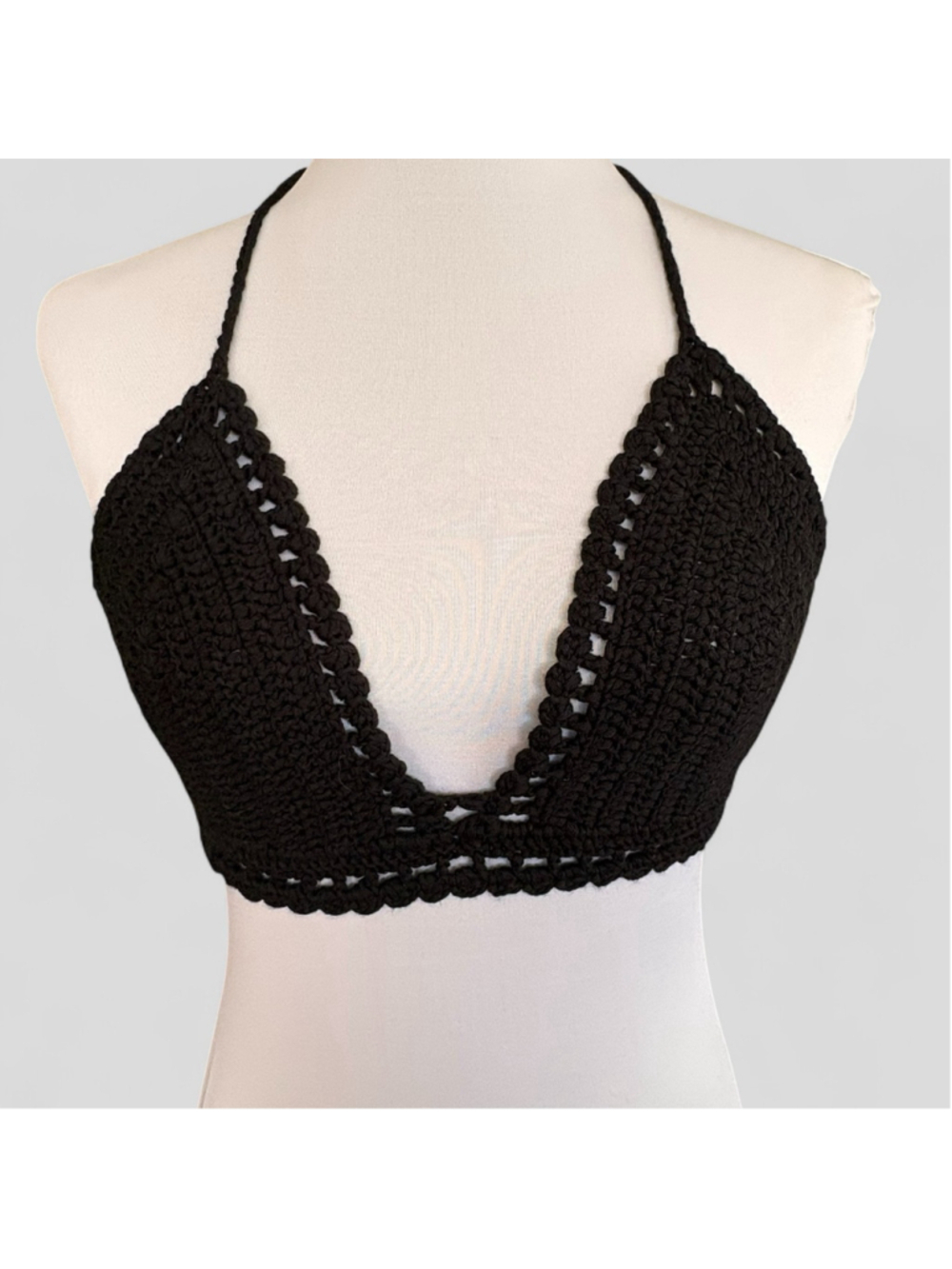 Handmade Black Crochet Halter Bikini Top One Size